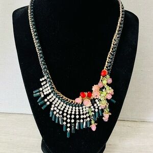 Banana Republic Black and Pink Rhinestone Floral Necklace